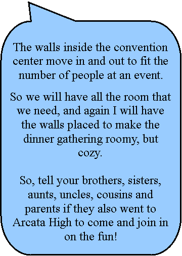 Rounded Rectangular Callout:  The walls inside the convention center move in and out to fit the number of people at an event. So we will have all the room that we need, and again I will have the walls placed to make the dinner gathering roomy, but cozy.So, tell your brothers, sisters, aunts, uncles, cousins and parents if they also went to Arcata High to come and join in on the fun!